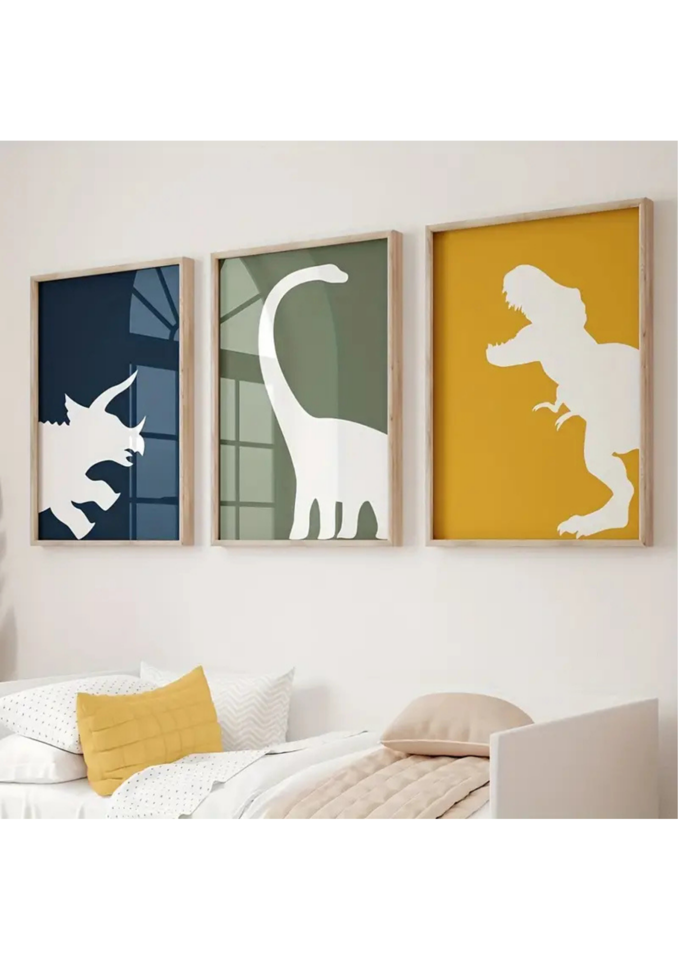 Doğal Ahşap Çerçeveli UV Baskı 3'lü Dinazor Desenli Tablo Seti Modern & Şık Çocuk Odası Duvar Dekoru