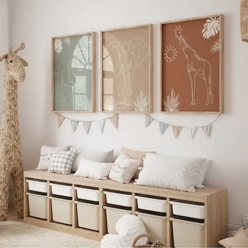 Doğal Ahşap Çerçeveli UV Baskı 3'lü Soyut Hayvan Desenli Tablo Seti Modern Çocuk Odası Duvar Dekoru