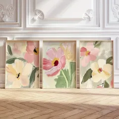 Doğal Ahşap Çerçeveli UV Baskı 3lü Yağlı Boya Görünümlü Çiçek Desenli Tablo Seti Modern Duvar Dekoru