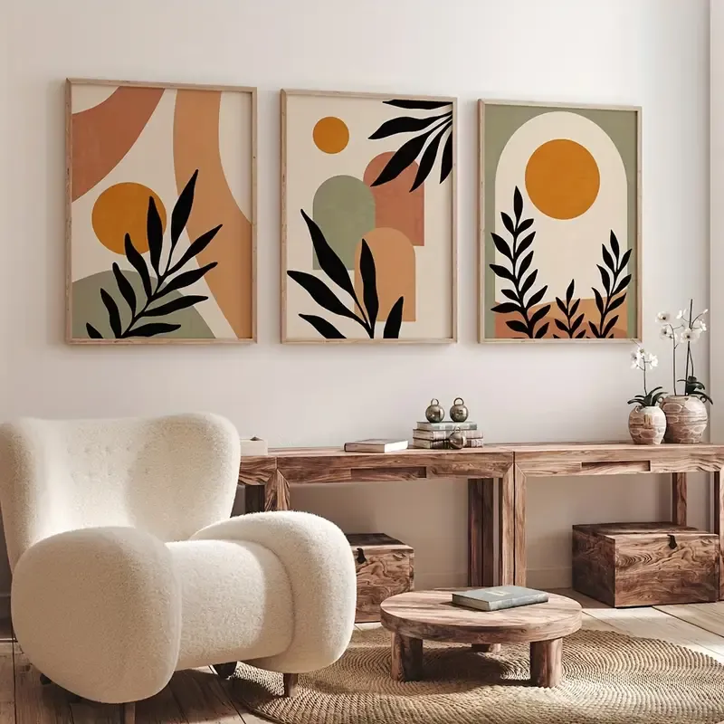 Doğal Ahşap Çerçeveli UV Baskı 3'lü Soyut Desenli Tablo Seti – Modern & Şık Duvar Dekoru