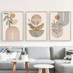 Doğal Ahşap Çerçeveli UV Baskı 3'lü Soyut Desenli Tablo Seti – Modern & Şık Duvar Dekoru