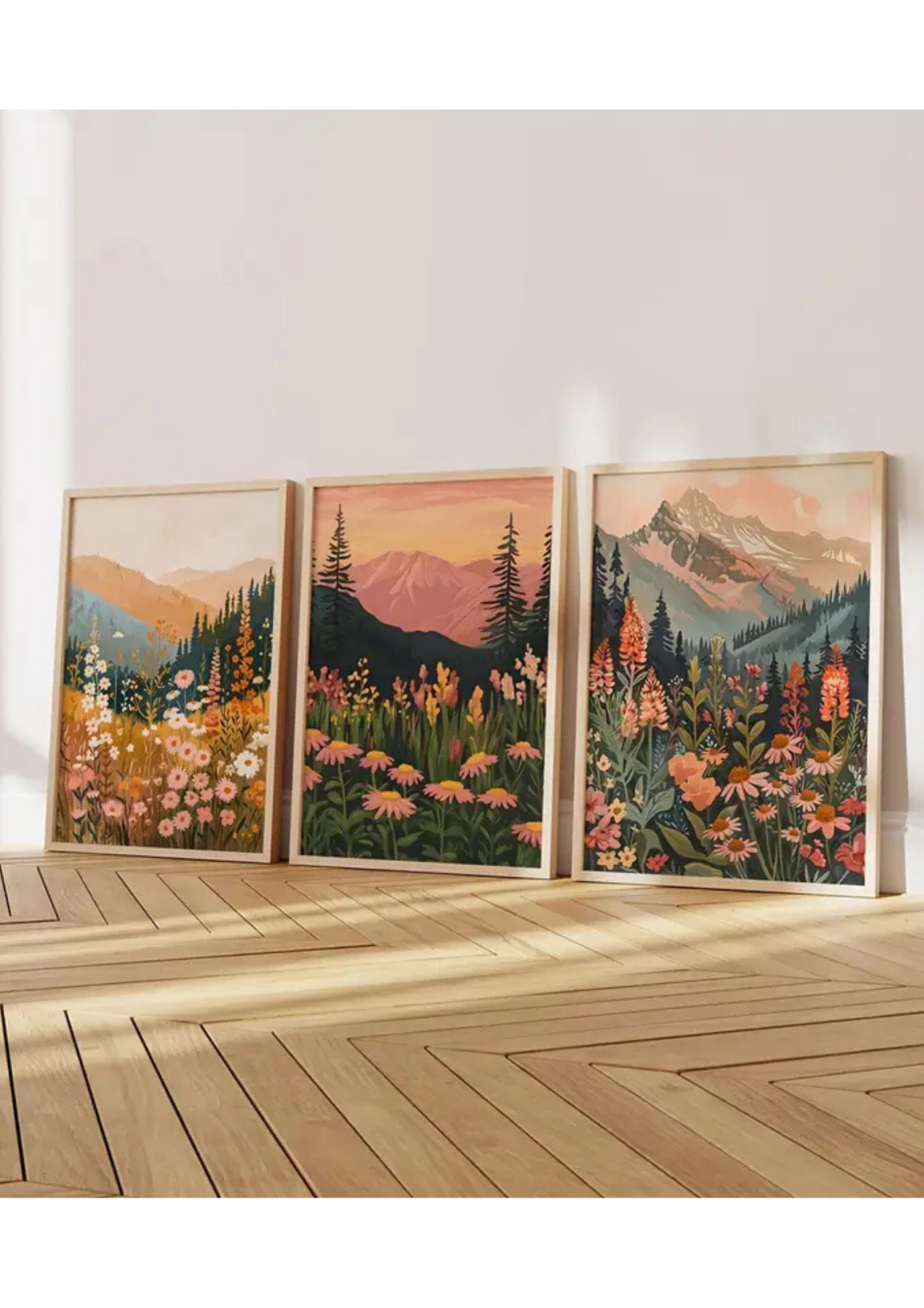 Doğal Ahşap Çerçeveli UV Baskı 3'lü Manzara Desenli Tablo Seti – Modern & Şık Duvar Dekoru