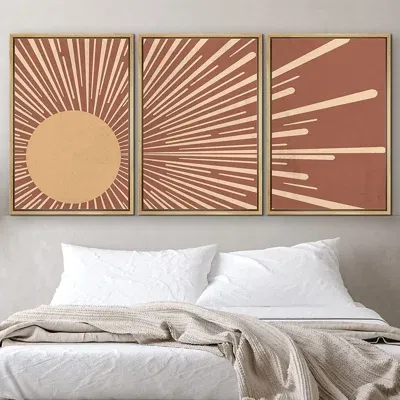 Doğal Ahşap Çerçeveli UV Baskı 3'lü Soyut Güneş Desenli Tablo Seti – Modern & Şık Duvar Dekoru