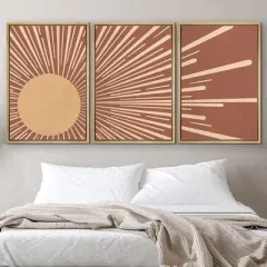 Doğal Ahşap Çerçeveli UV Baskı 3'lü Soyut Güneş Desenli Tablo Seti – Modern & Şık Duvar Dekoru