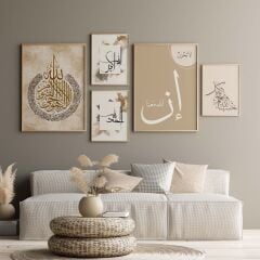 Doğal Ahşap Çerçeveli UV Baskı 5'li Dini İslami Duvar Tablosu – Modern & Şık Duvar Dekoru