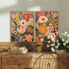 Doğal Ahşap Çerçeveli UV Baskı 2'li Çiçekli Duvar Tablosu – Modern & Şık Duvar Dekoru