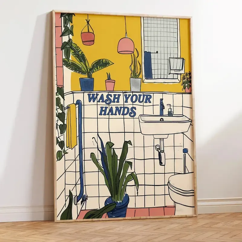 Doğal Ahşap Çerçeveli UV Wash Your Hands Baskı Duvar Tablosu – Modern & Şık Banyo Wc Duvar Dekoru