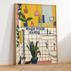 Doğal Ahşap Çerçeveli UV Wash Your Hands Baskı Duvar Tablosu – Modern & Şık Banyo Wc Duvar Dekoru
