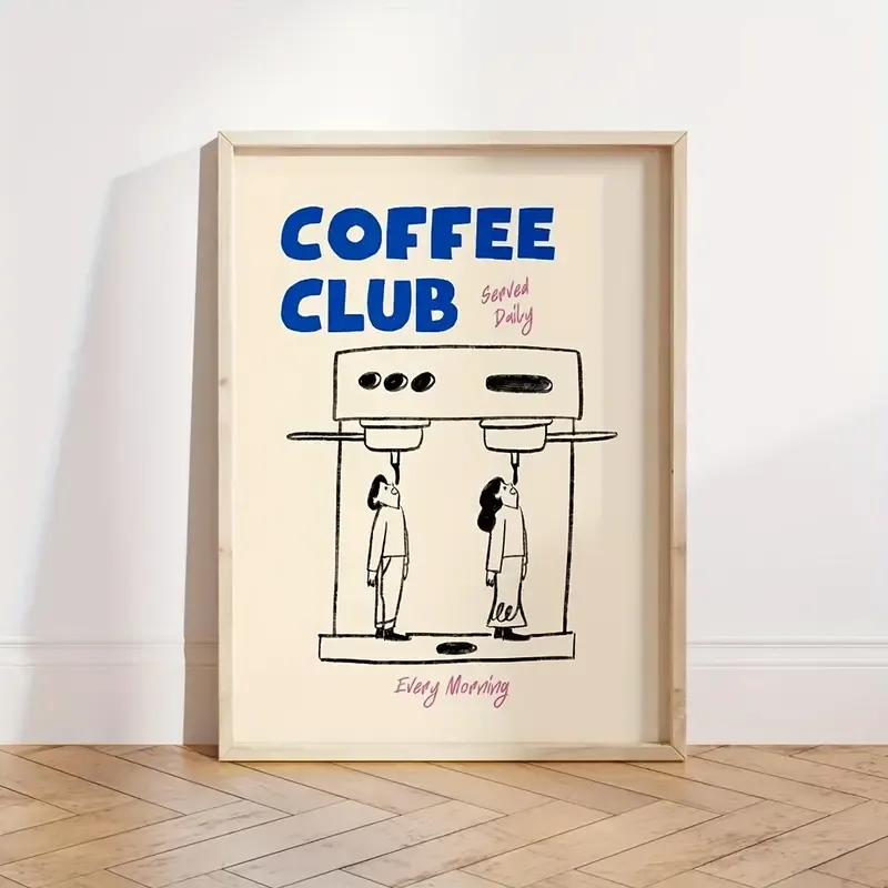 Doğal Ahşap Çerçeveli UV Baskı Coffee Club Duvar Tablosu Modern Şık Mutfak Kahve Köşesi Duvar Dekoru