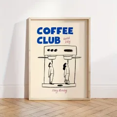 Doğal Ahşap Çerçeveli UV Baskı Coffee Club Duvar Tablosu Modern Şık Mutfak Kahve Köşesi Duvar Dekoru