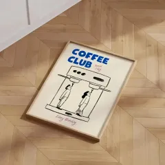 Doğal Ahşap Çerçeveli UV Baskı Coffee Club Duvar Tablosu Modern Şık Mutfak Kahve Köşesi Duvar Dekoru