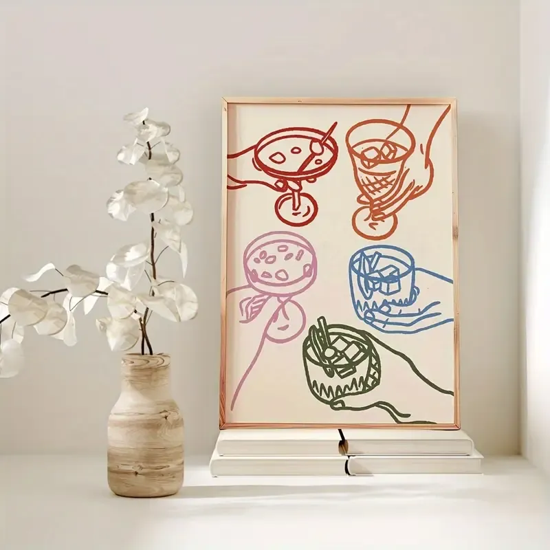Doğal Ahşap Çerçeveli UV Baskı Cocktails Duvar Tablosu Modern & Şık Mutfak Kahve Köşesi Duvar Dekoru
