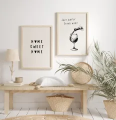 Doğal Ahşap Çerçeveli UV Baskı Home Sweet Home Duvar Tablosu Modern Şık Mutfak Kahve Köşesi Dekoru