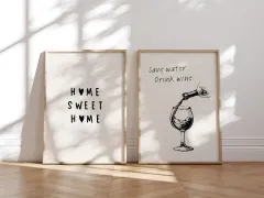 Doğal Ahşap Çerçeveli UV Baskı Home Sweet Home Duvar Tablosu Modern Şık Mutfak Kahve Köşesi Dekoru