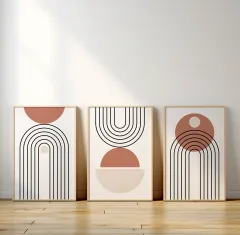 Doğal Ahşap Çerçeveli UV Baskı 3'lü Soyut Dekorlar Duvar Tablosu – Modern & Şık Duvar Dekoru