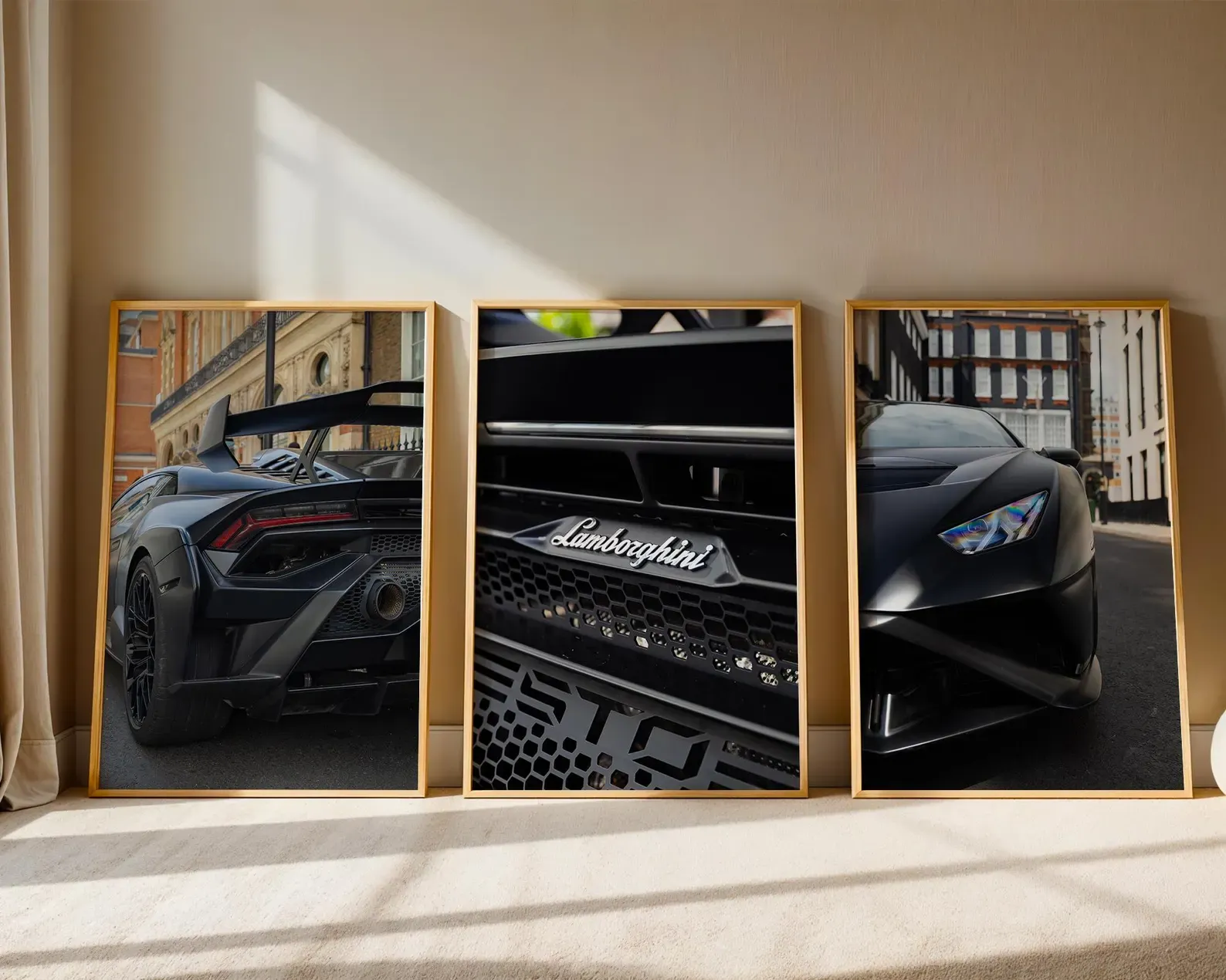 Doğal Ahşap Çerçeveli UV Baskı 3'lü Lamborghini Duvar Tablosu – Modern & Şık Araba Duvar Dekoru