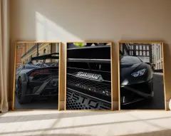 Doğal Ahşap Çerçeveli UV Baskı 3'lü Lamborghini Duvar Tablosu – Modern & Şık Araba Duvar Dekoru