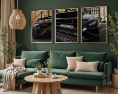 Doğal Ahşap Çerçeveli UV Baskı 3'lü Lamborghini Duvar Tablosu – Modern & Şık Araba Duvar Dekoru