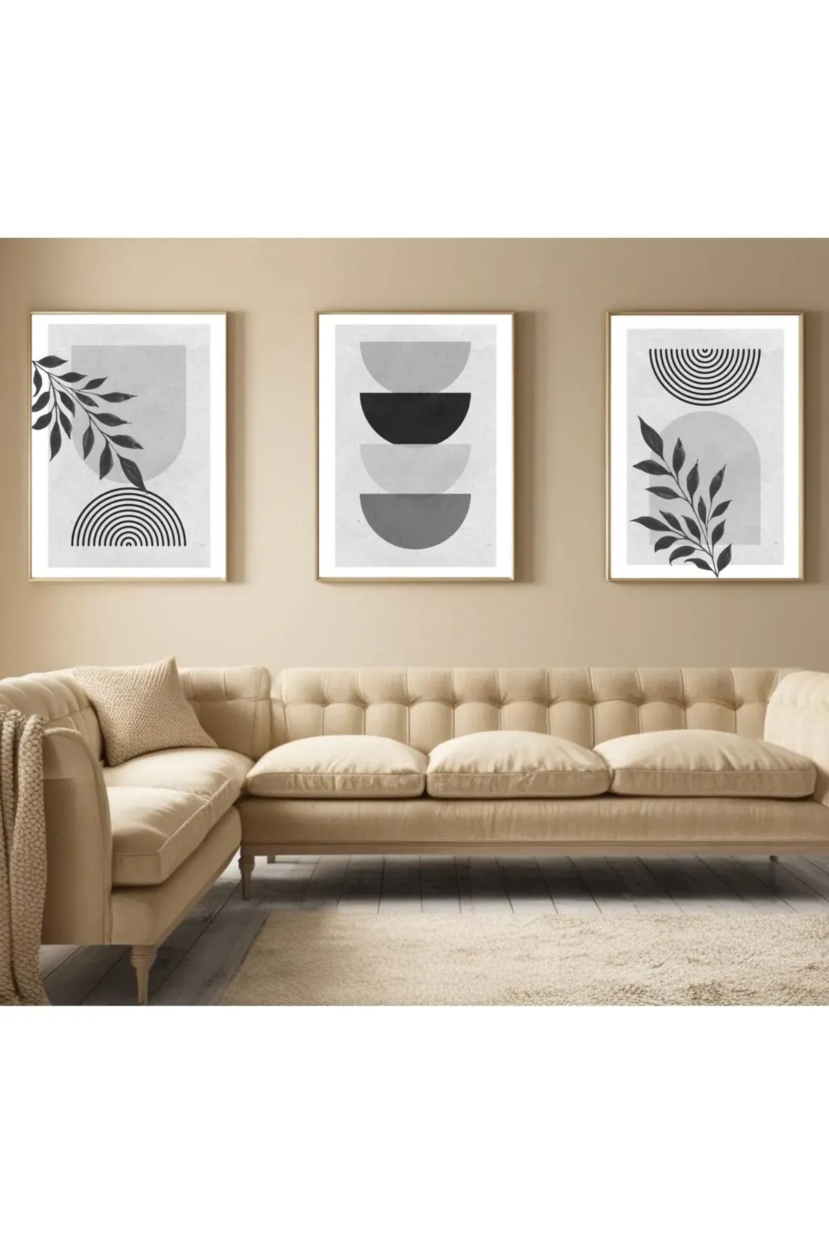 Doğal Ahşap Çerçeveli UV Baskı 3'lü Siyah Beyaz Bohem Desenler Duvar Tablosu – Modern & Şık Dekor