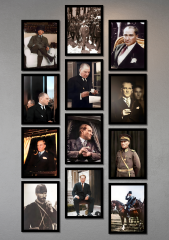 Mustafa Kemal Atatürk Tablo Seti 12 Parça – Modern Çerçeve Görünümlü Dekoratif Duvar Süsü