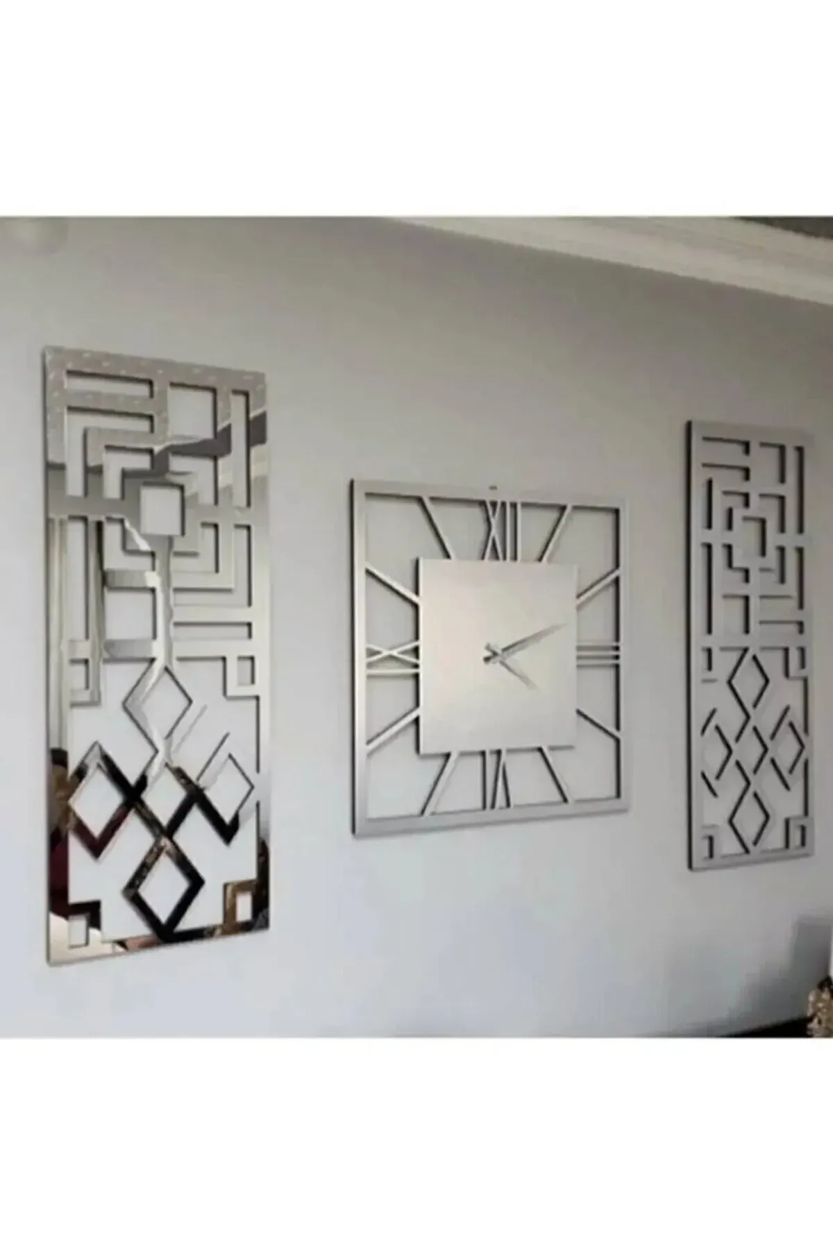 Gümüş Pleksi Aynalı Dekoratif Duvar Saati ve 3 lü Mdf Tablo Seti Duvar Dekoru