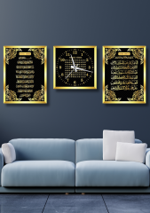 Gold Aynalı Pleksi Çerçeveli Esmaül Hüsna Ayetel Kürsi Fatiha Suresi Mdf Tablo Seti ve Duvar Saati