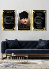 Gold Pleksi Çerçeveli 3lü Atatürk İstiklal Marşı Gençliğe Hitabe Duvar Dekoru Tablo Seti