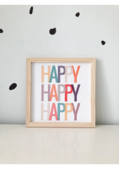 Doğal Ahşap Kenarlı Happy Duvar Dekoru Salon Oturma Yatak Çocuk Odası için Tablo Seti