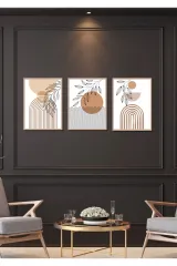 3 Parça Çerçeve Görünümlü Bohem Yapraklar Tablo Seti Salon Oturma Yatak Odası için Mdf Duvar Dekoru