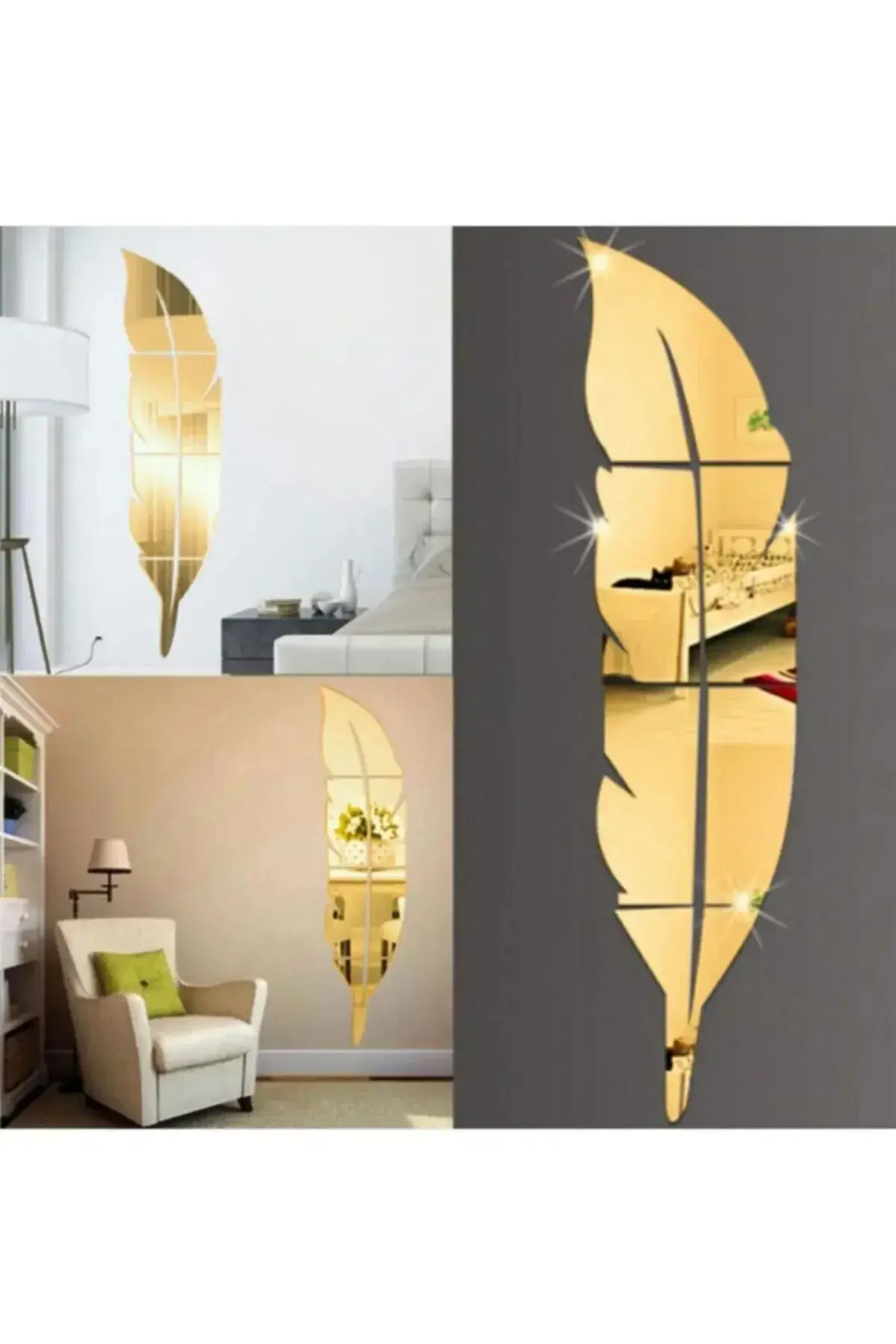 Gold Pleksi 4 Parça Tüy Şekilli Duvar Dekoru - Salon Oturma Yatak Çocuk Odası Için 120x30cm Ayna